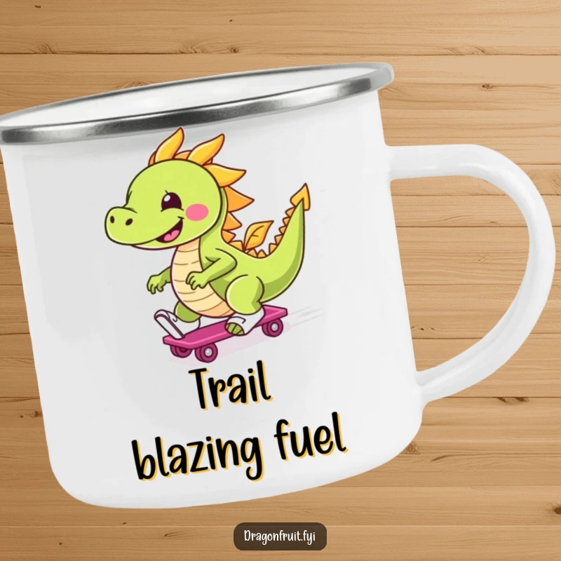 Funny camping mug featuring a cheerful dragonfruit character on roller skates, perfect for outdoor adventures and a dose of humor.