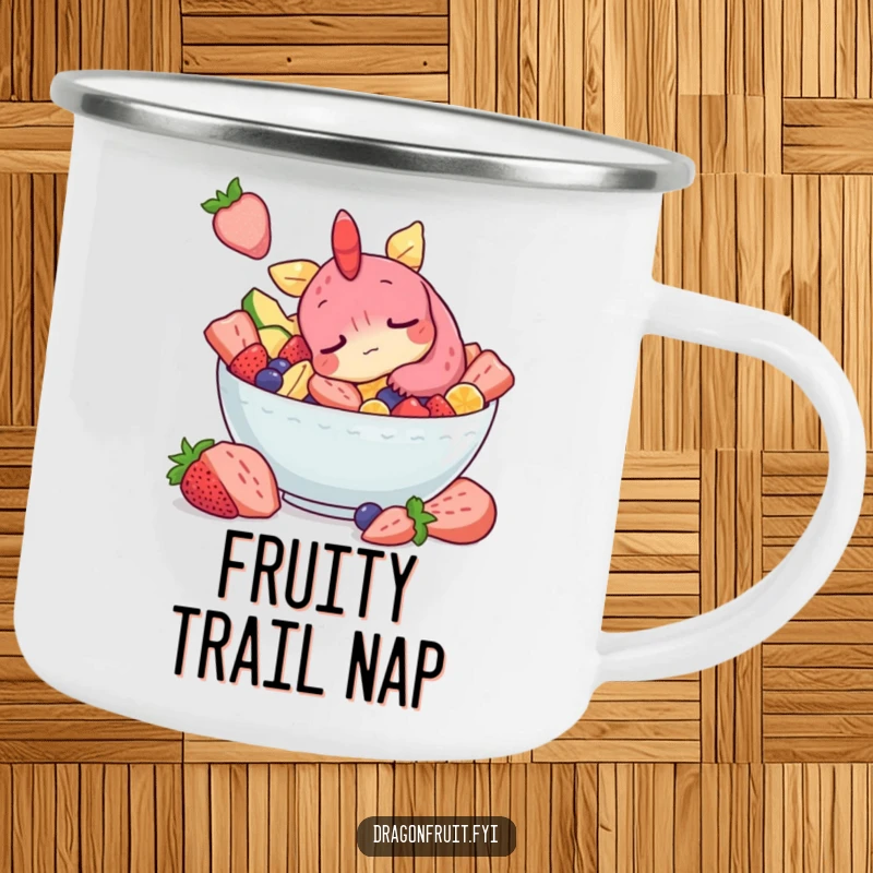 Funny camping mug showing a sleepy dragonfruit character snoozing in a fruit salad, perfect for outdoor relaxation.
