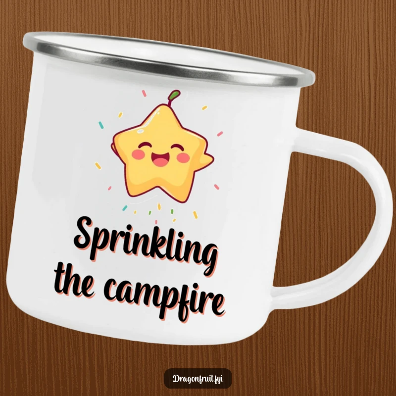 Funny Starfruit Camping Mug: A laughing starfruit catching sprinkles, perfect for outdoor adventures and humorous hydration.