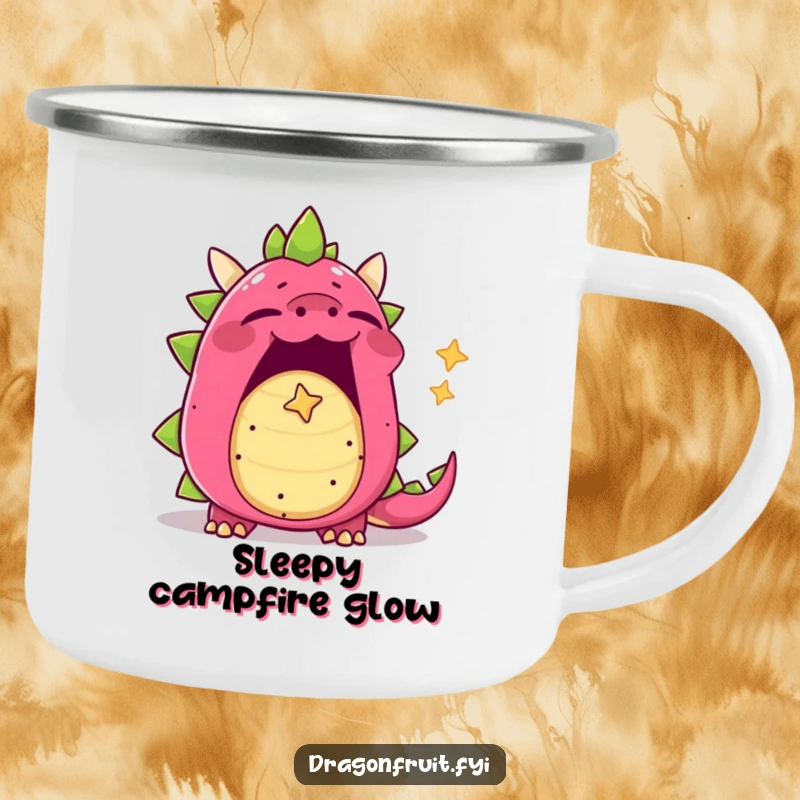 Funny dragonfruit camping mug, yawning character with mouth wide open, blowing a tiny star-shaped bubble, cozy and durable.