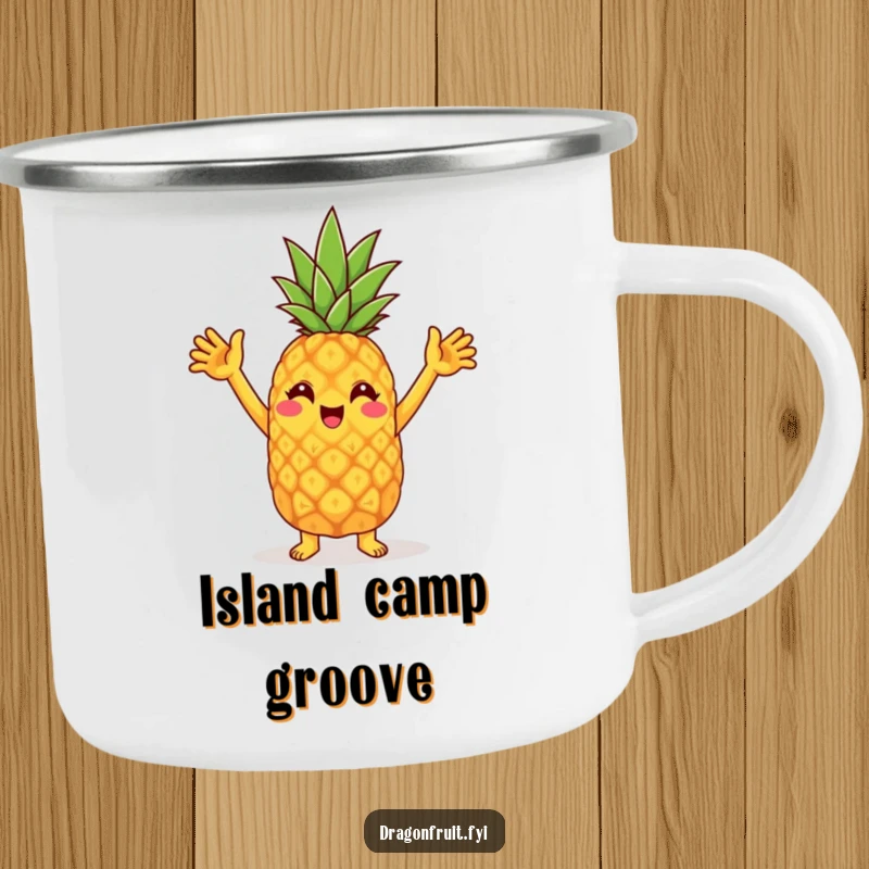 Funny camping mug shows a cheerful pineapple character doing a silly dance with raised arms, adding tropical fun to any setting.