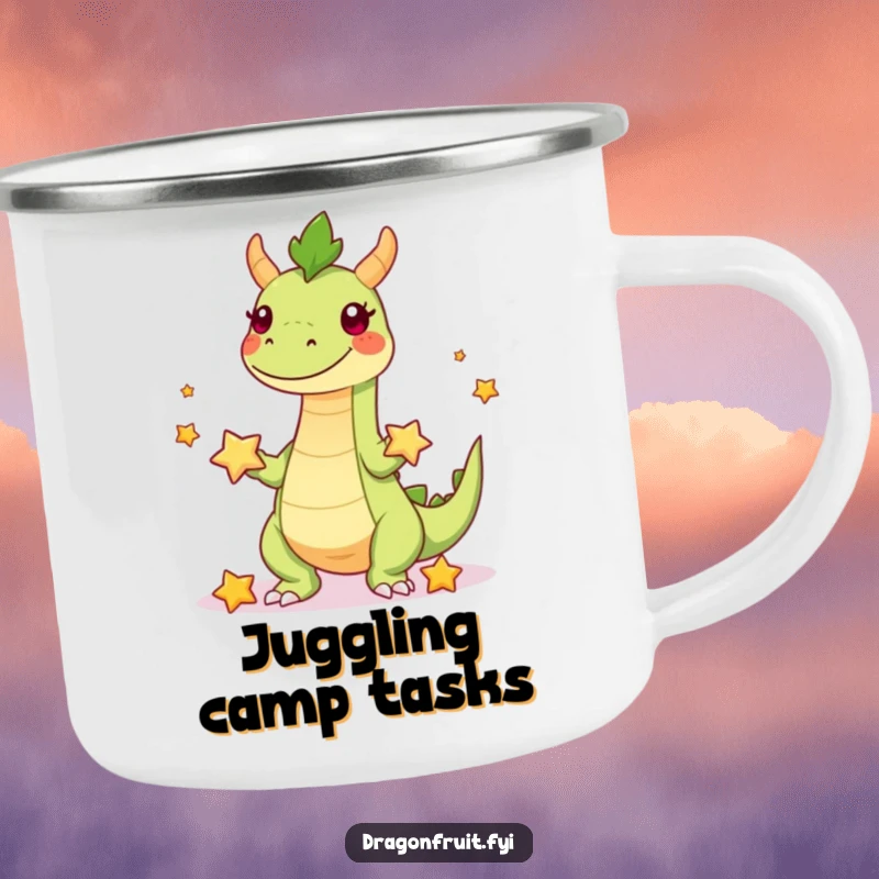 Funny camping mug with a playful dragonfruit character juggling starfruit, ideal for outdoor enthusiasts seeking humor.