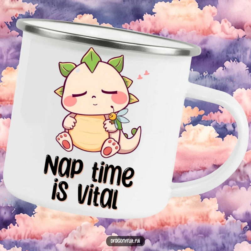 Funny sleepy dragonfruit camping mug featuring a snoring fruit character, built for adventure and morning coffee rituals.