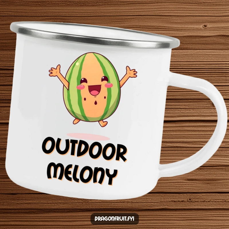 Funny watermelon wedge camping mug, excited and leaping with joy, durable and humorous drinkware for the outdoors.