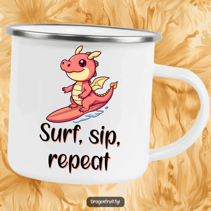 Funny camping mug showing a laughing dragonfruit character surfing a banana slice surfboard, perfect for tropical outdoor enjoyment.