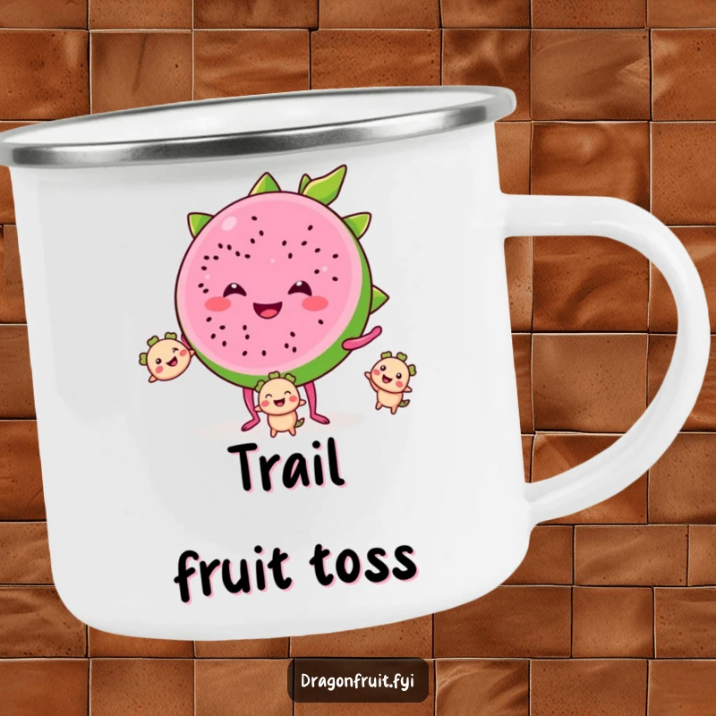 Funny camping mug featuring a smiling dragonfruit slice with tiny legs, juggling smaller segments, perfect for tropical outdoor fun.