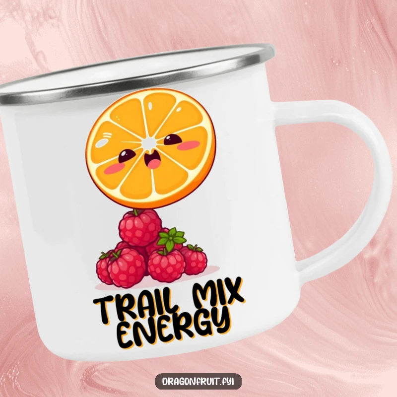 Funny camping mug with a winking orange slice leaping over giggling raspberries. Durable and humorous fruit drinkware.