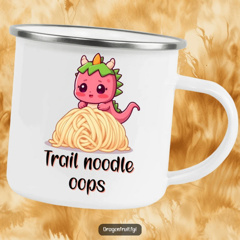 Funny camping mug showing a blushing dragonfruit character hilariously tripping over a giant noodle during an outdoor adventure.