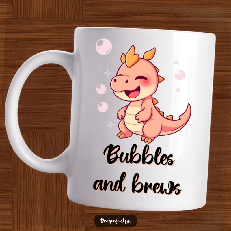 Funny Dragonfruit Mug featuring a character in uncontrollable giggles, surrounded by a whimsical cloud of floating bubbles.