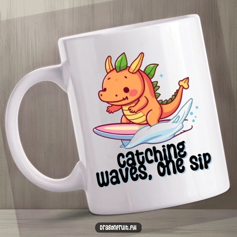 Funny dragonfruit character determinedly surfing a tiny wave on a surfboard, a humorous tropical fruit design.