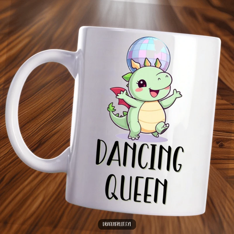 Funny mug illustrating a round dragonfruit character joyfully dancing under a sparkling disco ball, radiating happiness.