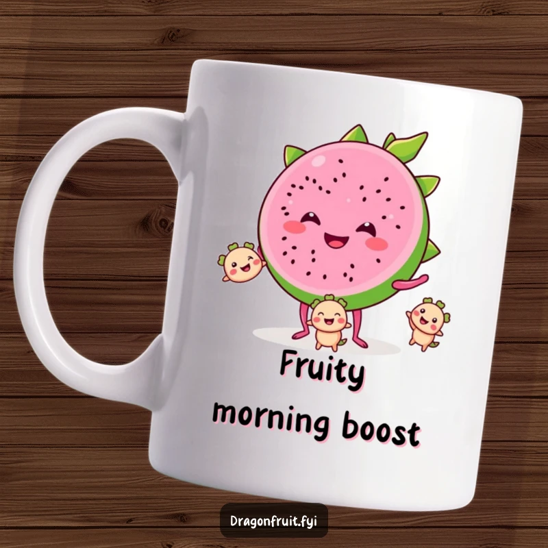 Funny mug showing a smiling dragonfruit slice with tiny legs, juggling three smaller smiling dragonfruit segments, celebrating fruity fun.