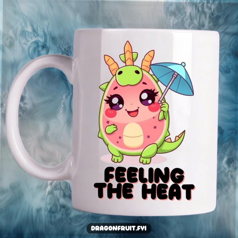 Funny mug showing a giggling dragonfruit wedge with large eyes, dramatically fanning itself with a tiny cocktail umbrella, embodying tropical drama.