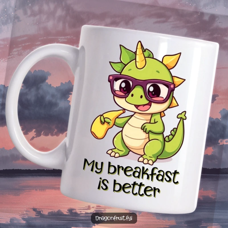 Funny mug with a dragonfruit wearing glasses, dramatically pointing at a banana split, for a comedic and artistic gift.