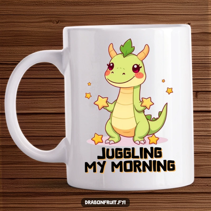 Funny mug showing a playful dragonfruit character with legs skillfully juggling small starfruit, radiating joy and tropical energy.