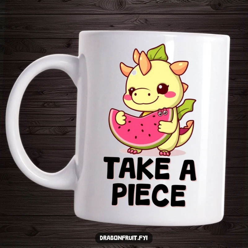 Funny Dragonfruit Mug: A dragonfruit character with googly eyes smiles mischievously, offering a slice of itself, a unique and funny design.