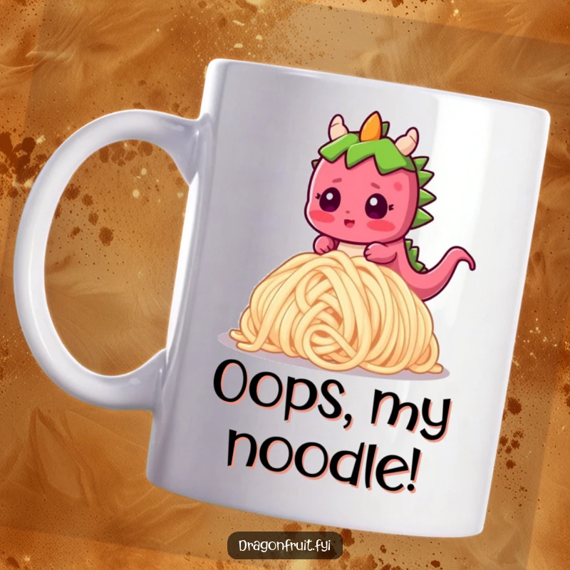 Funny mug featuring a blushing dragonfruit character tripped by a massive noodle, conveying shock and embarrassment humorously.
