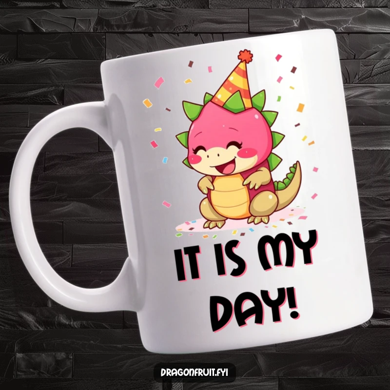 Funny mug with a giggling dragonfruit wearing a party hat, with confetti falling around it, for festive joy.