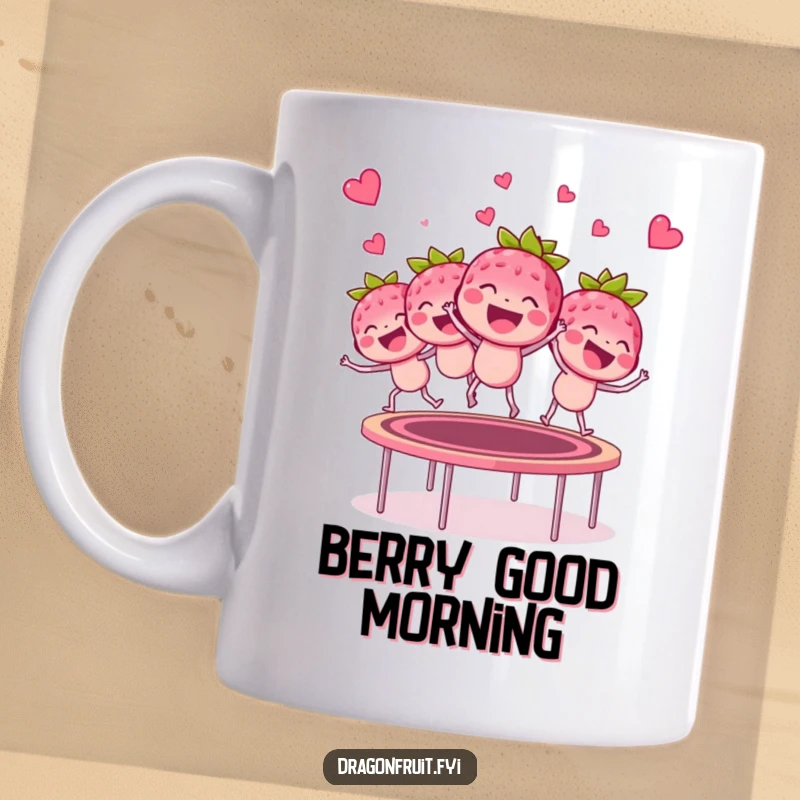 Funny giggling raspberry bunch mug bouncing gleefully on a trampoline, radiating pure delight and berry fun.