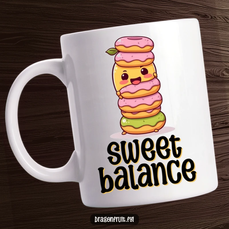 Funny Mug: A cheerful mango character struggling hilariously to balance a tall stack of colorful donuts, symbolizing sweet challenges.