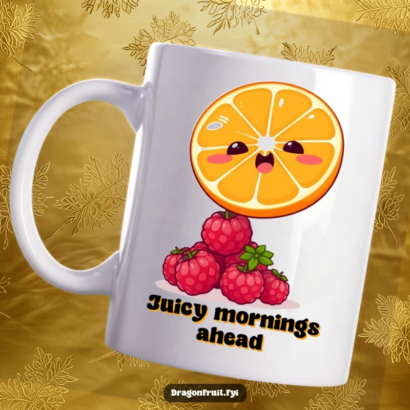 Funny mug with a winking orange slice mid-leap over a pile of tiny, giggling raspberries. Playful fruit action.