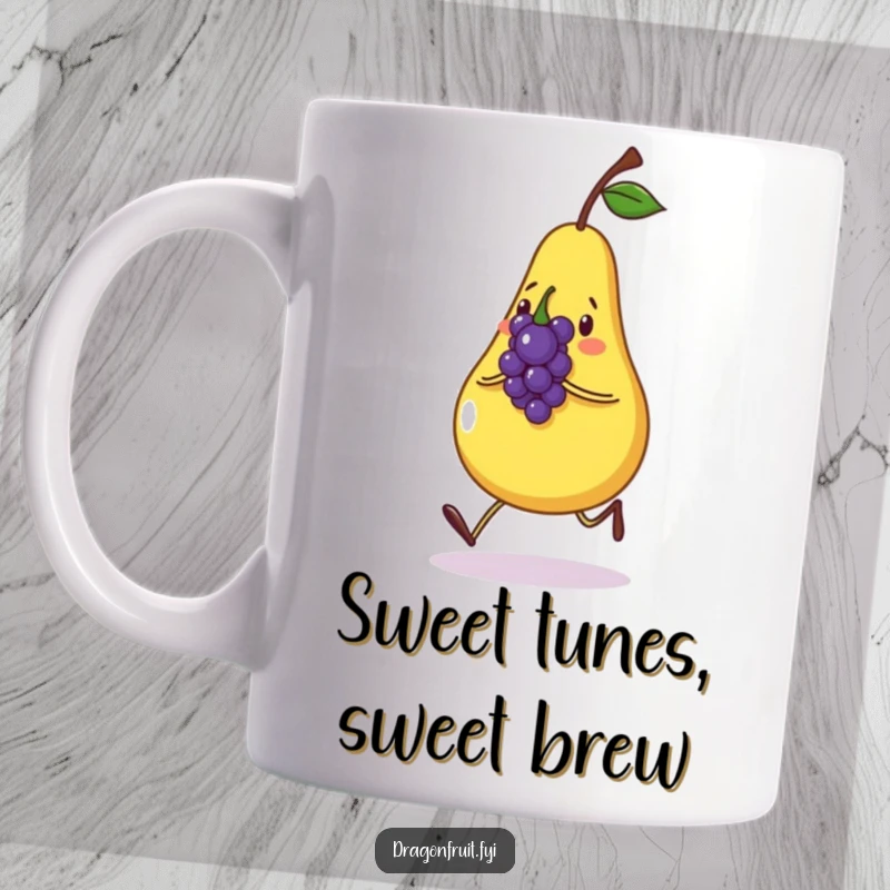 Funny mug with a beaming pear character skipping joyfully alongside a tiny, singing grape. Delightful fruit friendship.
