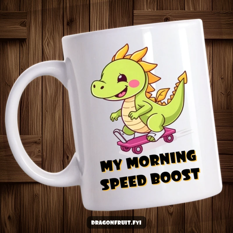 Funny mug featuring a cheerful dragonfruit character wearing roller skates, smiling as it zooms with energy and joy.