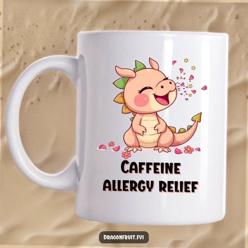 Funny mug featuring a dragonfruit comically sneezing, releasing a delightful shower of tiny flower petals, exuding quirky charm.
