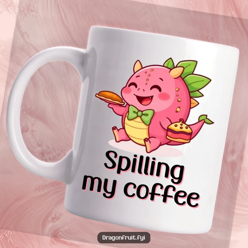 Funny mug with a happy dragonfruit in a bowtie, tripping over its feet while holding a pie, a humorous clumsy moment.