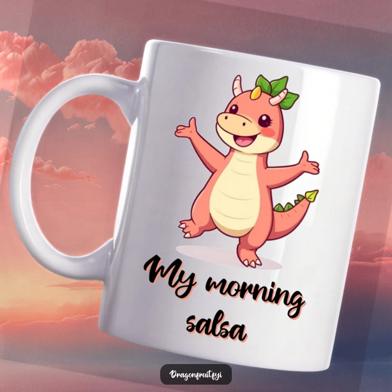 Funny Dragonfruit Mug featuring a vibrant character dancing wildly with legs spread and one arm up, radiating pure joy and silliness.