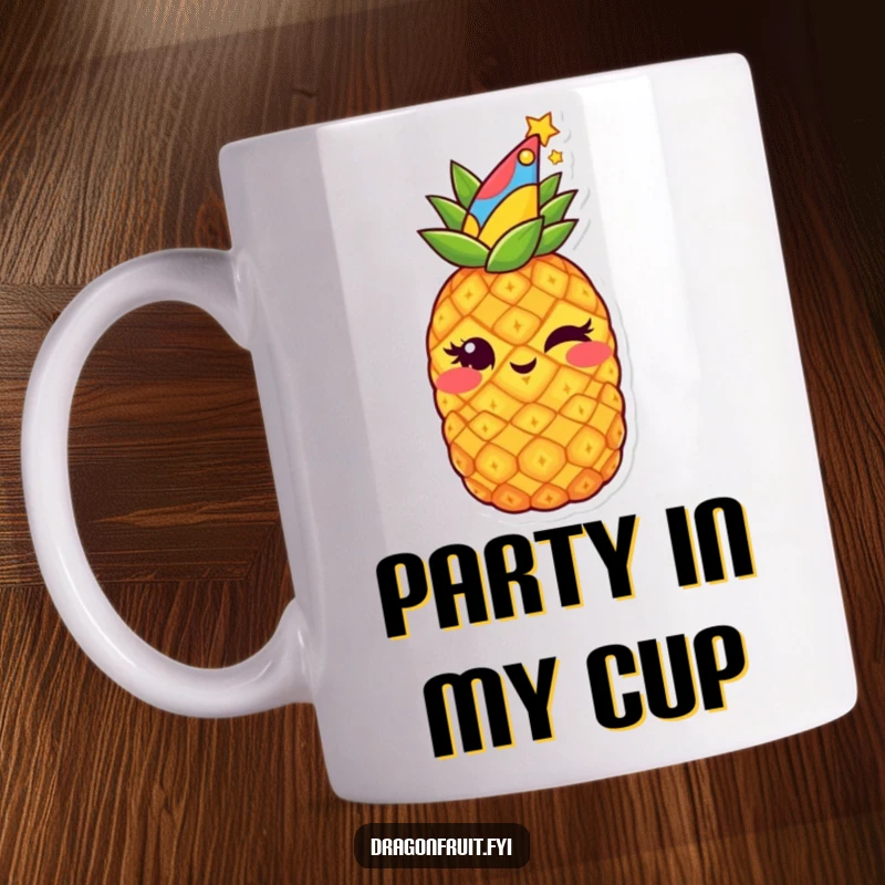 Funny mug showing a starry pineapple wearing a party hat, winking with a mischievous grin, ready for fun.