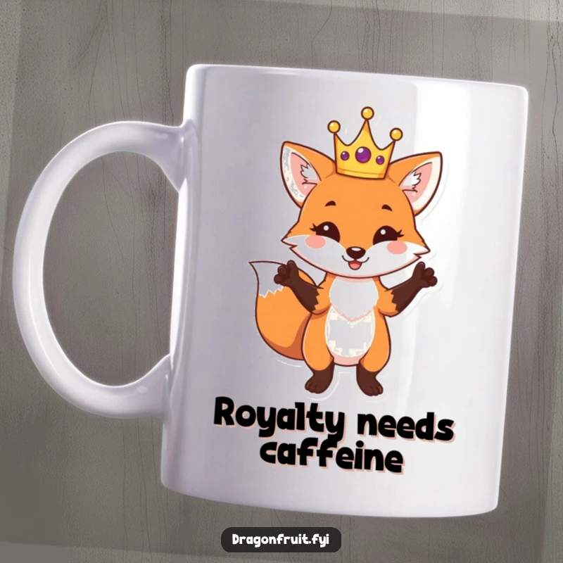 Funny Fox King Mug featuring a playful fox in a tiny crown striking a dramatic pose, perfect for coffee or tea lovers.