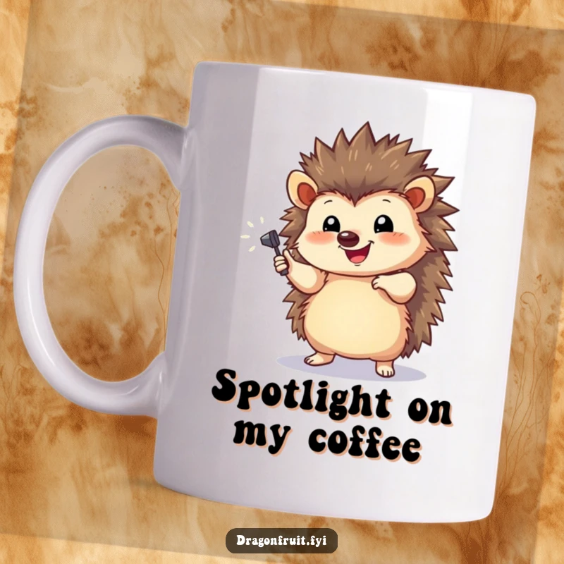 Funny Hedgehog Spotlight Mug featuring a happy hedgehog striking a dramatic pose under a tiny spotlight.