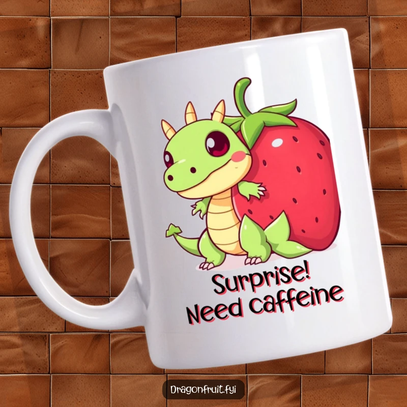 Funny mug showing a startled dragonfruit character peeking from behind a giant strawberry, a cute and humorous hiding scene.