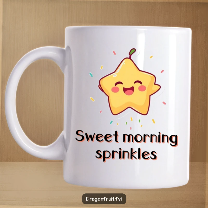 Funny Starfruit Mug: A laughing starfruit character joyfully trying to catch falling sprinkles, full of whimsical and humorous delight.