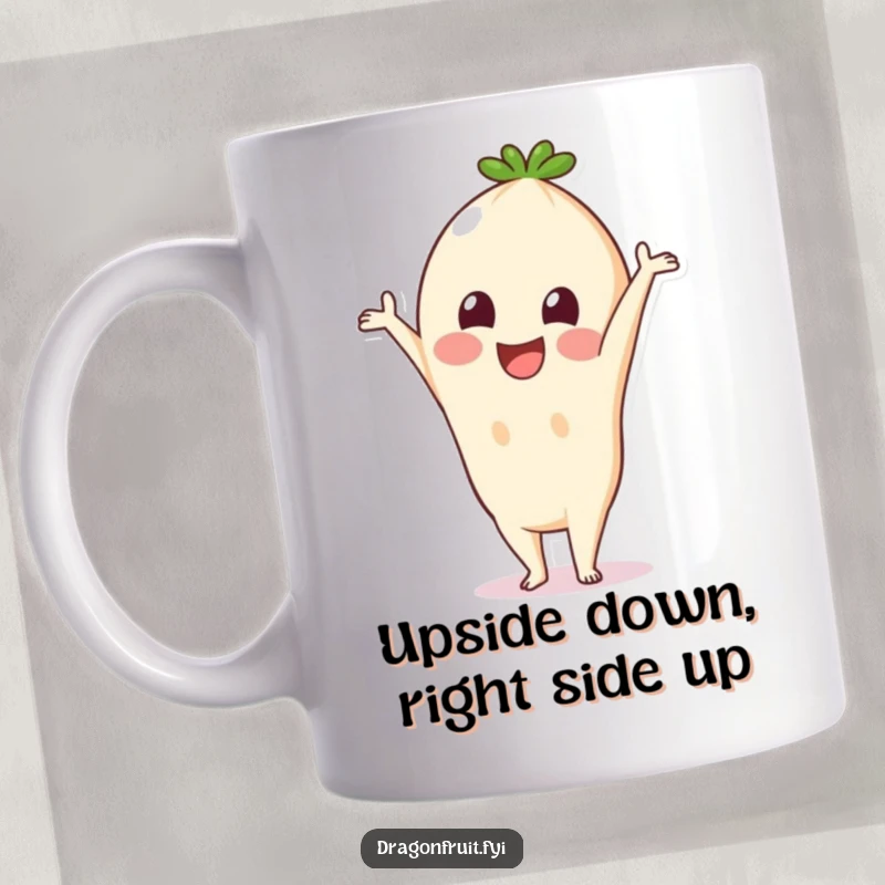 Funny Pitaya Mug: A smiling pitaya fruit doing a handstand, showcasing a humorous and cheerful personality, perfect for a funny gift.