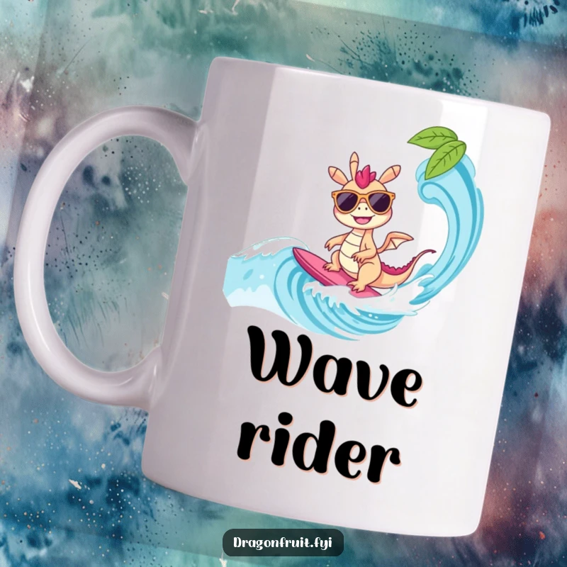 Funny Mug: A delighted dragonfruit character in sunglasses, expertly surfing a wave, radiating pure tropical joy and coolness.