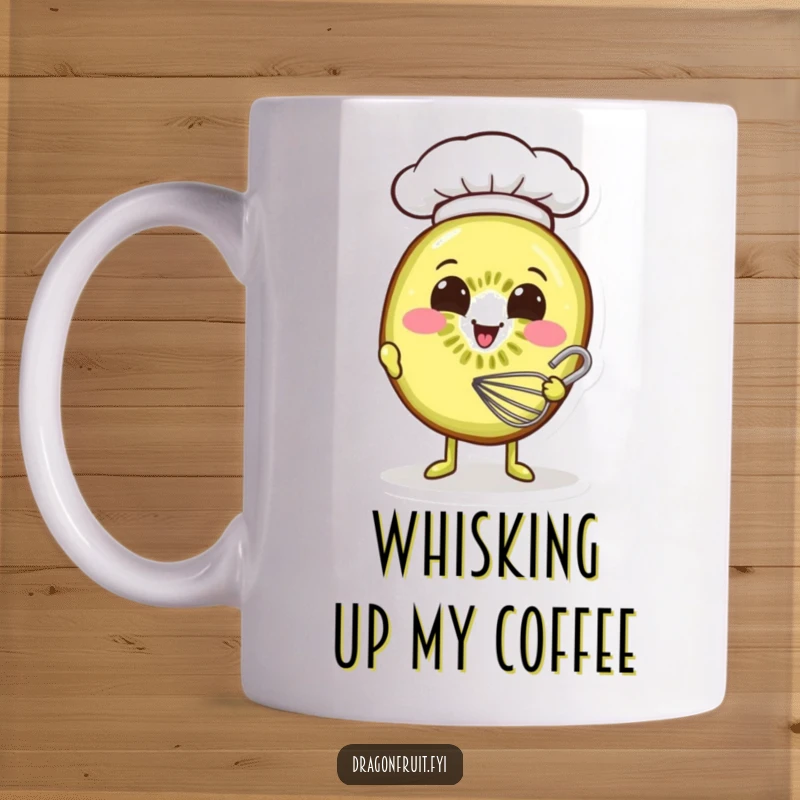 Funny mug shows a smiling kiwi slice wearing a tiny chef hat, enthusiastically whisking batter.
