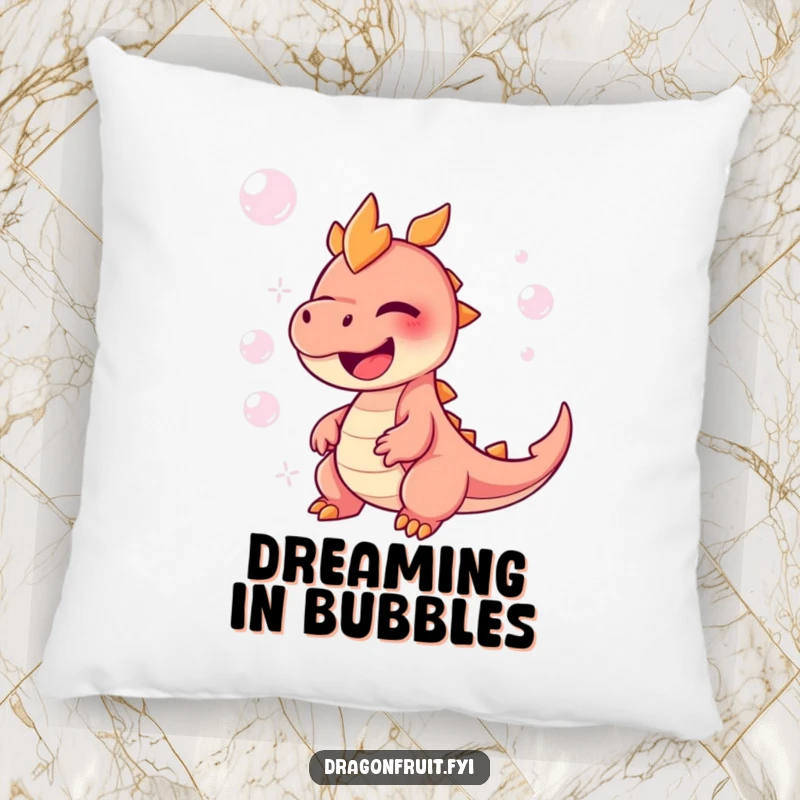Funny Dragonfruit Pillow featuring a character in a fit of giggles, surrounded by floating bubbles, perfect for a cozy laugh.