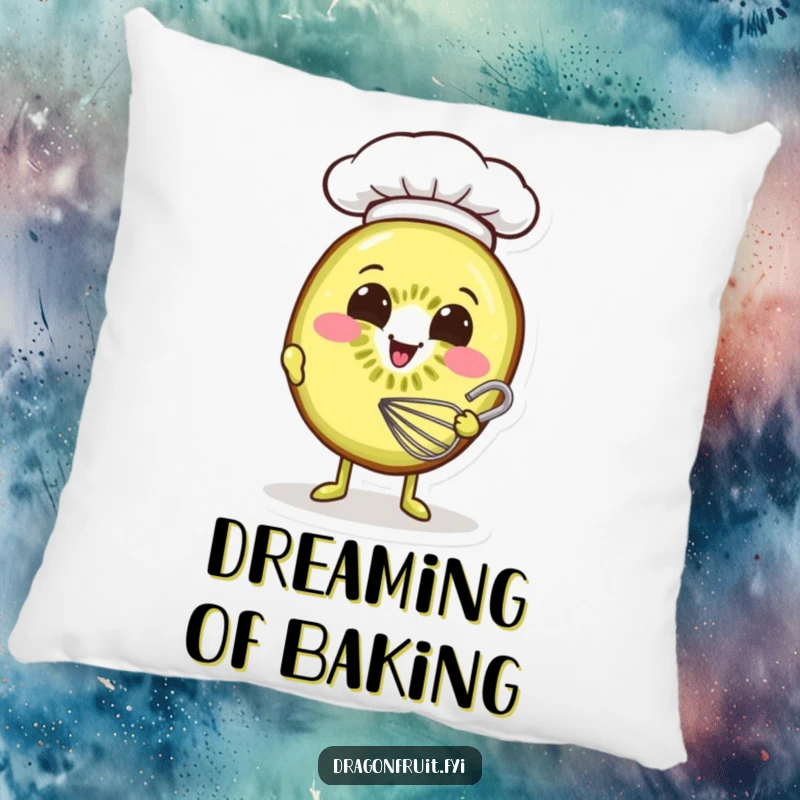 Funny pillow with a smiling kiwi slice wearing a chef hat, whisking batter, a cute reminder of sweet treats.