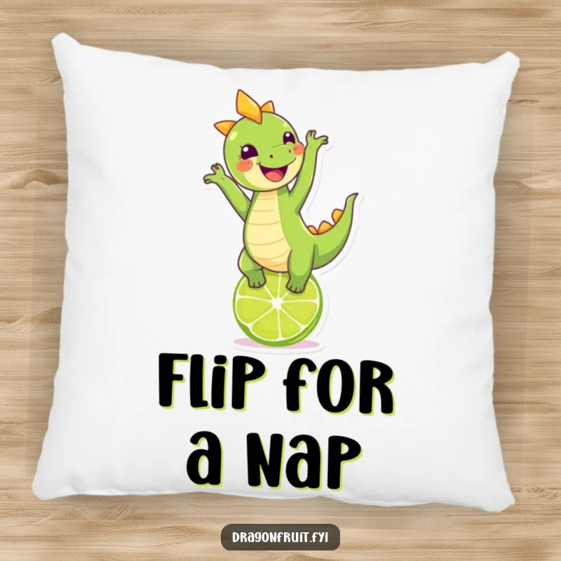 Funny dragonfruit character in a handstand pose on a lime, offering comfort and humor on a decorative pillow.