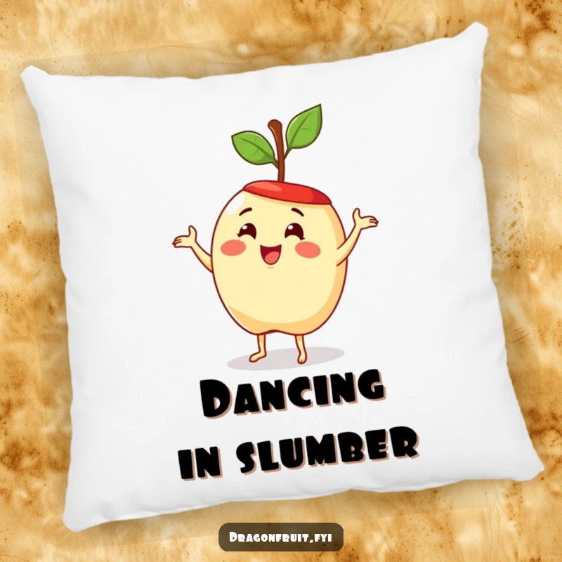 Funny pillow featuring a delighted apple with a stem hat, doing a silly dance. Soft and humorous fruit decor.