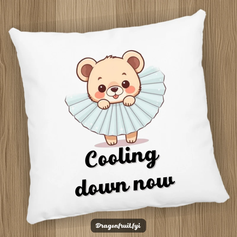 Funny Bear Cub Fan Pillow with a cheerful cub peeking from behind a sparkly fan, perfect for sofas.
