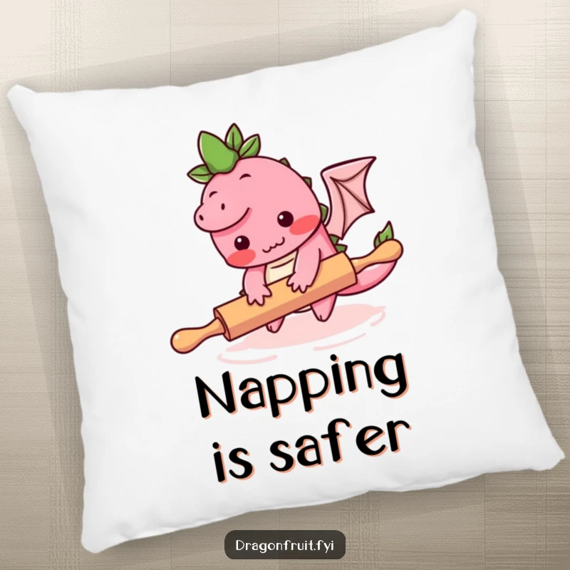 Funny pillow showing a shy dragonfruit character stumbling over a rolling pin, offering comfort with a humorous kitchen theme.