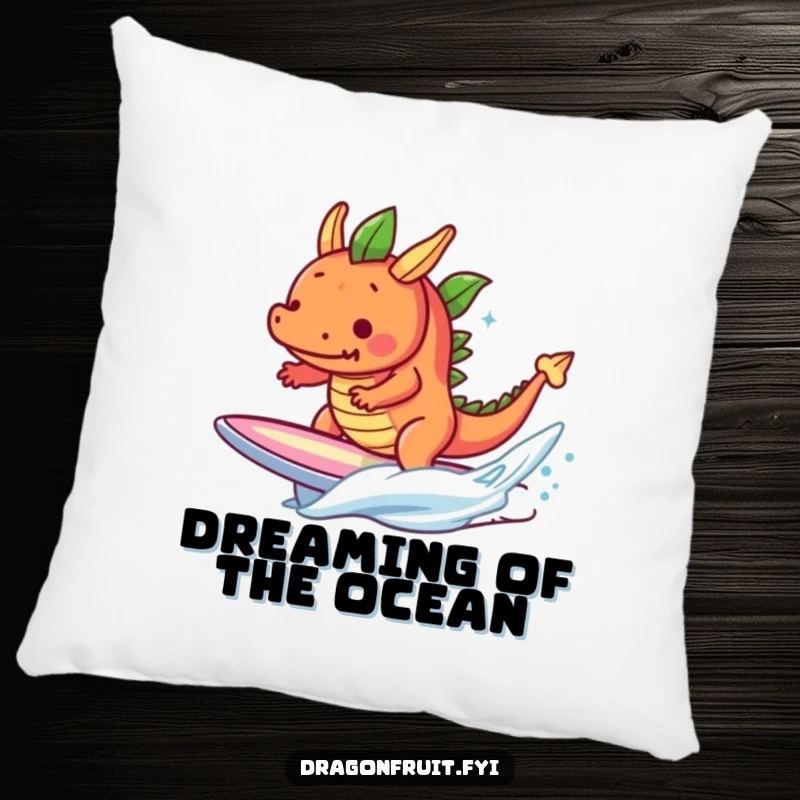 Funny determined dragonfruit character surfing a miniature wave on a surfboard, a plush and humorous cushion.