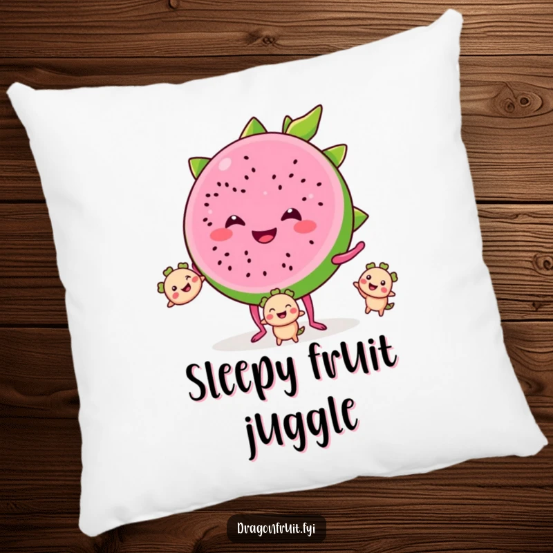 Funny pillow showcasing a smiling dragonfruit slice with tiny legs, juggling smaller segments, offering comfort and fruity humor.