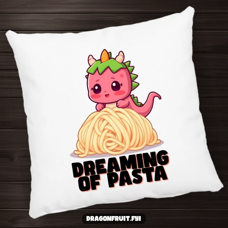 Funny pillow design of a blushing dragonfruit character comically falling over a large noodle, with a startled expression.
