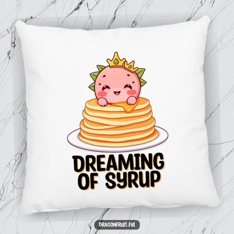 Funny Dragonfruit Pillow: A plush cushion featuring a crowned dragonfruit character atop pancakes, designed for ultimate comfort and breakfast joy.
