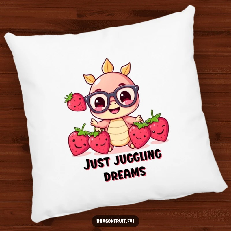 Funny pillow featuring a cute dragonfruit with big glasses, juggling bright strawberries, making it a soft and humorous decor.
