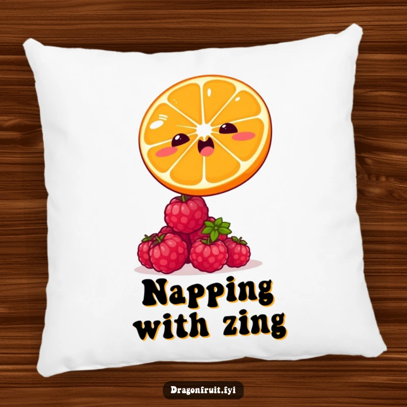 Funny pillow featuring a winking orange slice leaping over giggling raspberries. Soft and humorous fruit decor.